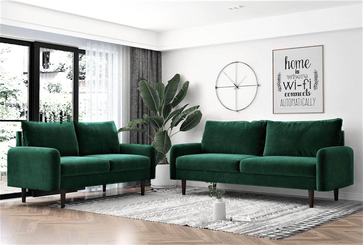 Container Furniture Direct Americus Velvet Upholstered Sofa and Loveseat Set, Couches for Living Room with Luxurious Mid Century Modern Design and Wooden Base, 2 Piece, Green