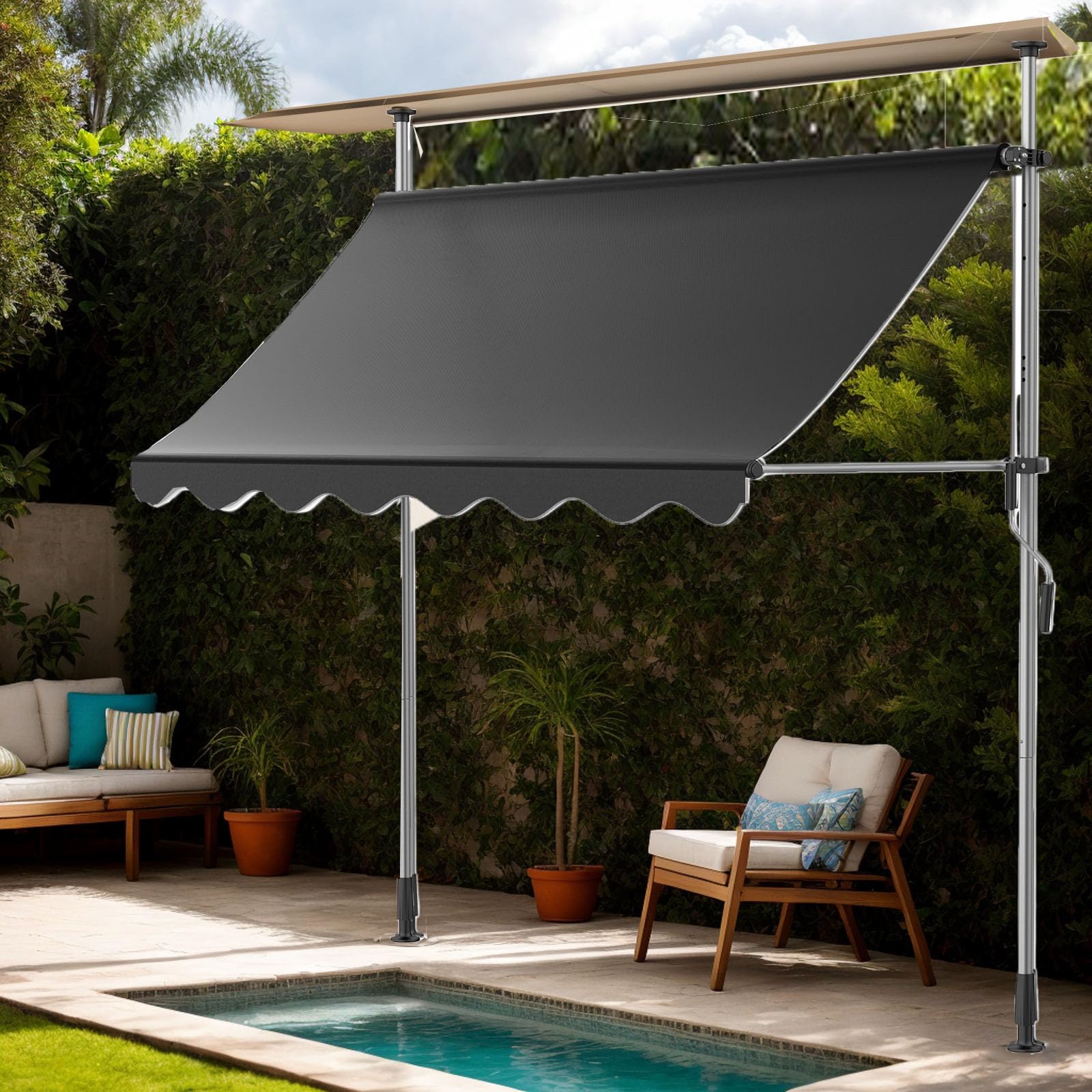 Store Balcon Store Banne Manuel Store Exterieur sans Percage, Résistant aux UV, Réglable en Hauteur, Hydrofuge, protège du Soleil, Toit de terrasse (250x120cm, Anthracite)