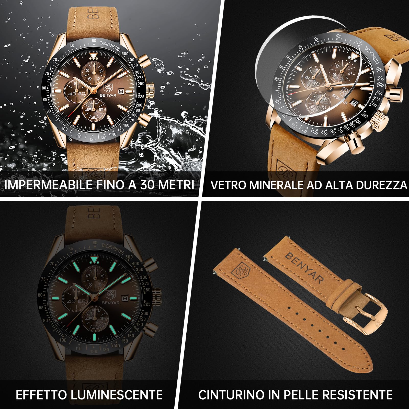 BENYAR, Orologi Uomo, Movimento al Quarzo, Cronografo, Cinturino Pelle/Acciaio/Silicone, Design Sportivo Business Moda, 30M/50M Impermeabile, Resistente ai Graffi, Regali Eleganti per Uomini