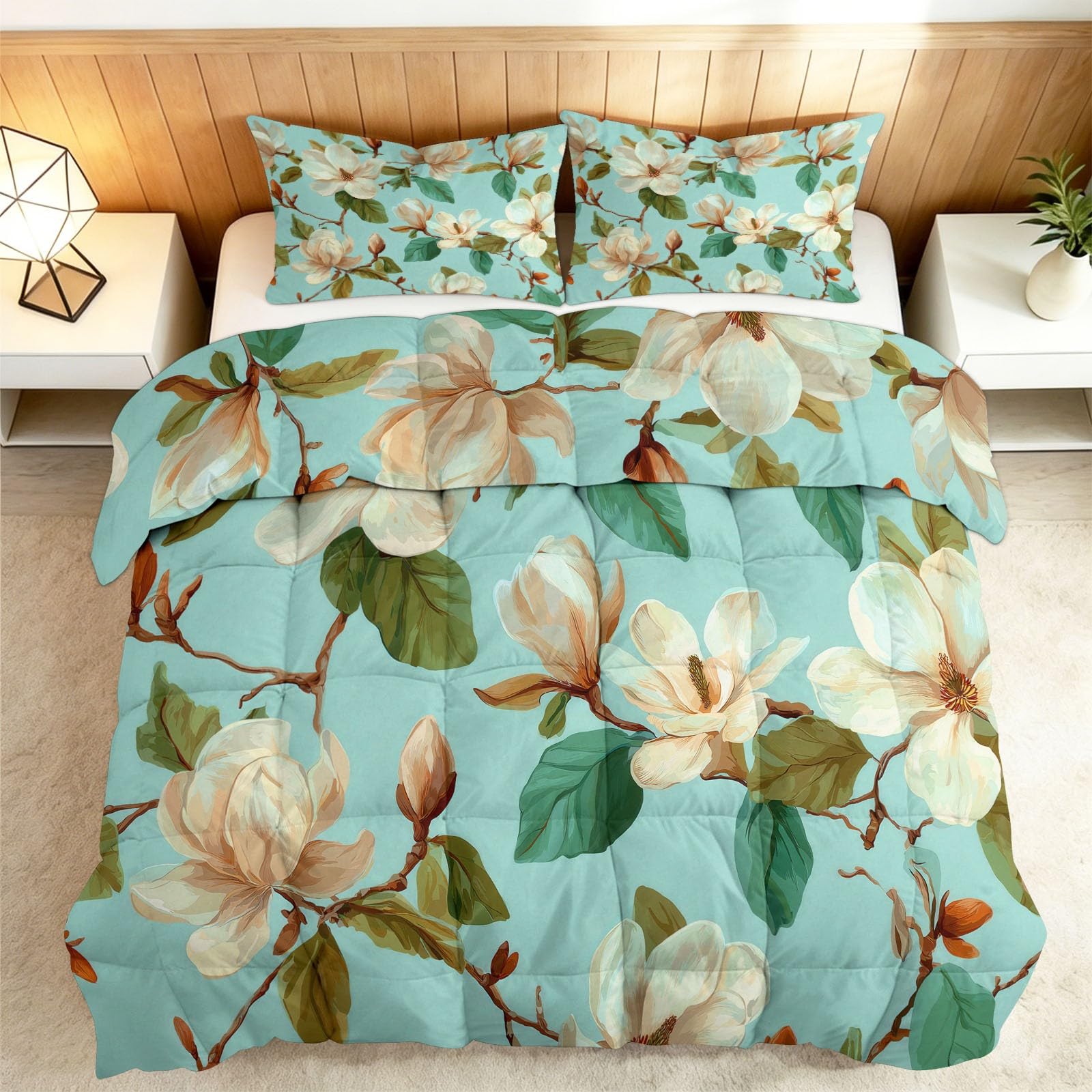 Tutte le stagioni - Piumino 160 x 200 cm, motivo Magnolia in stile Champour, trapuntato di lusso e morbido in piumino e piume, traspirante, lavabile in lavatrice, ipoallergenico, buon sonno, verde