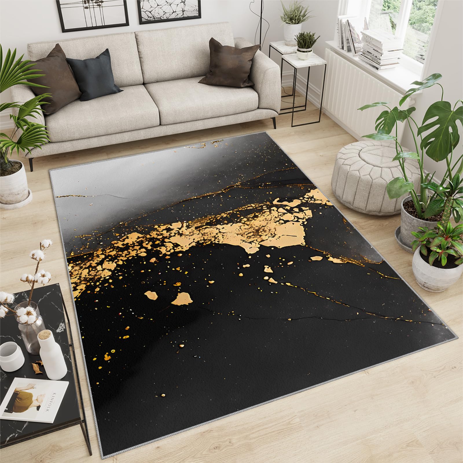 FACADUP Black Small Rug 80x150cm Bath Rug Black and Gray Gradient Art Rug, Abstract Gold Foil Aesthetics Rug, Non-slip Entryway Doormat Contemporary Throw Floor Mat for Room Coffee Chair Rug