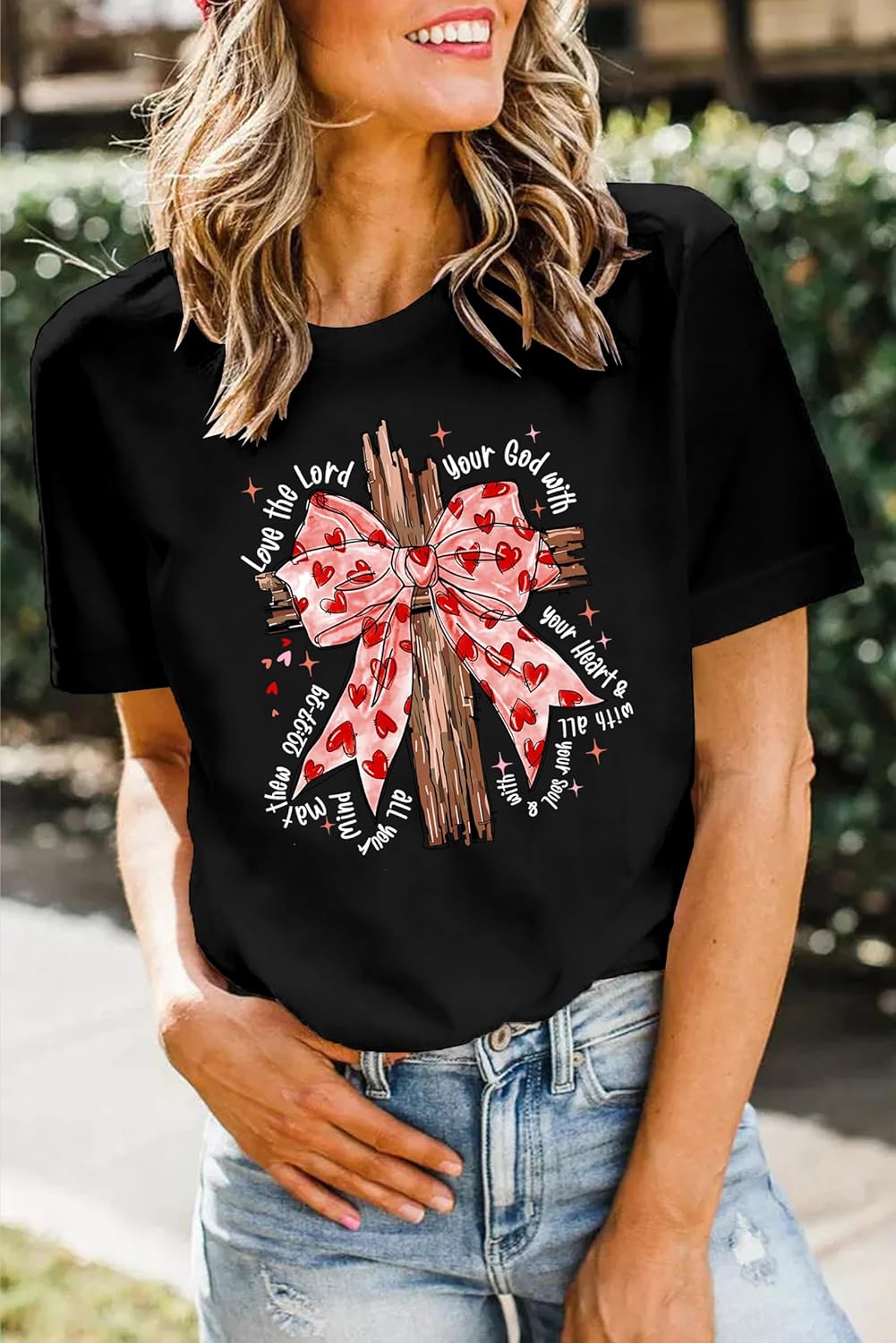 Valentines Shirts Women Christian Valentine Shirt Love Jesus Bow Graphic Tees Religious Bible Verse Short Sleeve Tops - Image 3