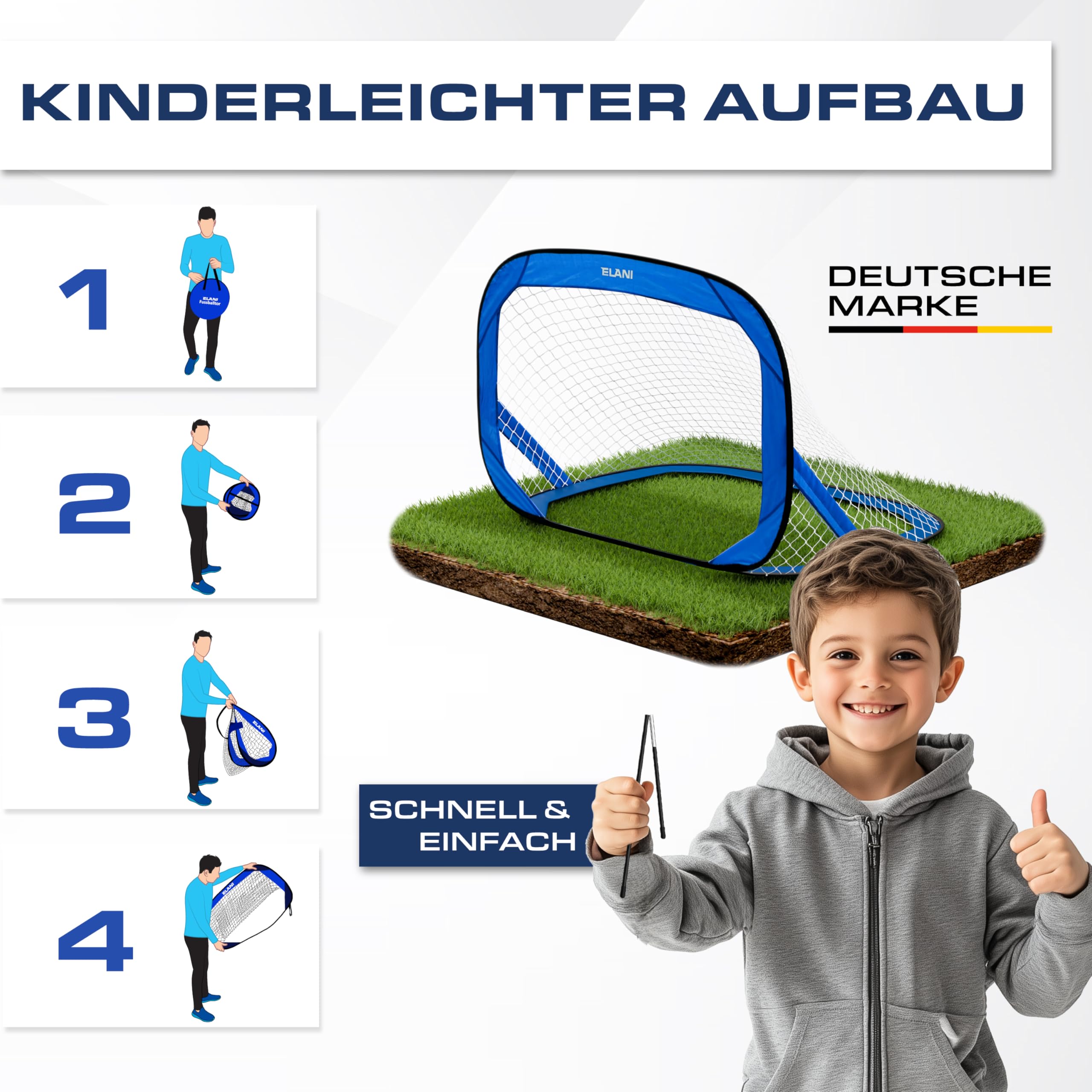 ELANI Fußballtor Kinder Pop-Up 2er Set - faltbar mit Ball & Pumpe, 50% Kleiner + Easy Aufbau, mini Fussballtor klein, Goal, Fussballtore für Garten Kinder, Fußballtore, Fussball Tor