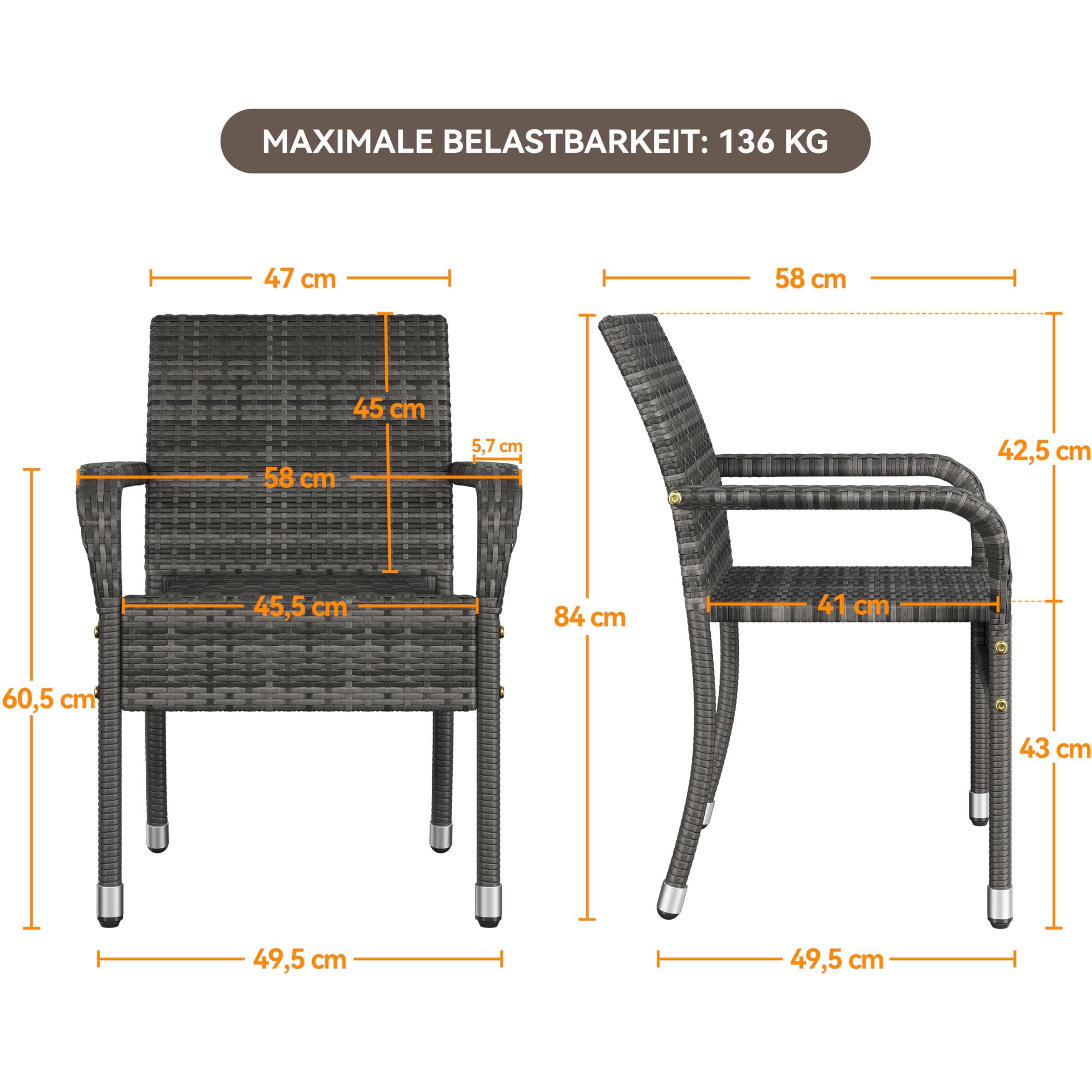 Yaheetech Set di 2 Sedie Impilabili in Rattan Sedia da Giardino con Braccioli Piedini Regolabili e Schienale per Giardino Balcone PatioTerrazza Grigio