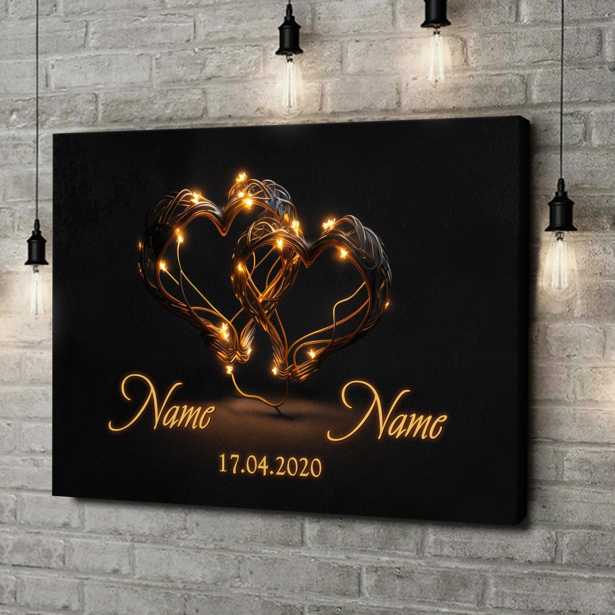 Liebesleinwand Individuelles Wandbild Blinkende Herzen | Jahrestag, Hochzeitstag Geschenke für Frauen | Leinwand mit Namen und Datum gestalten