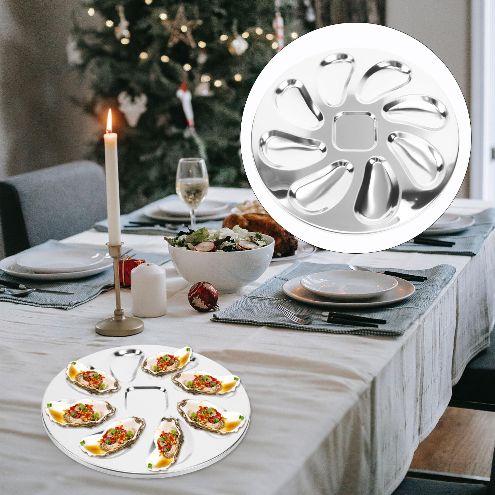 Kichvoe Plat à Huîtres en Acier Inoxydable Argenté Finition Polie, Compatible Lave-Vaisselle, pour Restaurant et Cuisson des Fruits de Mer