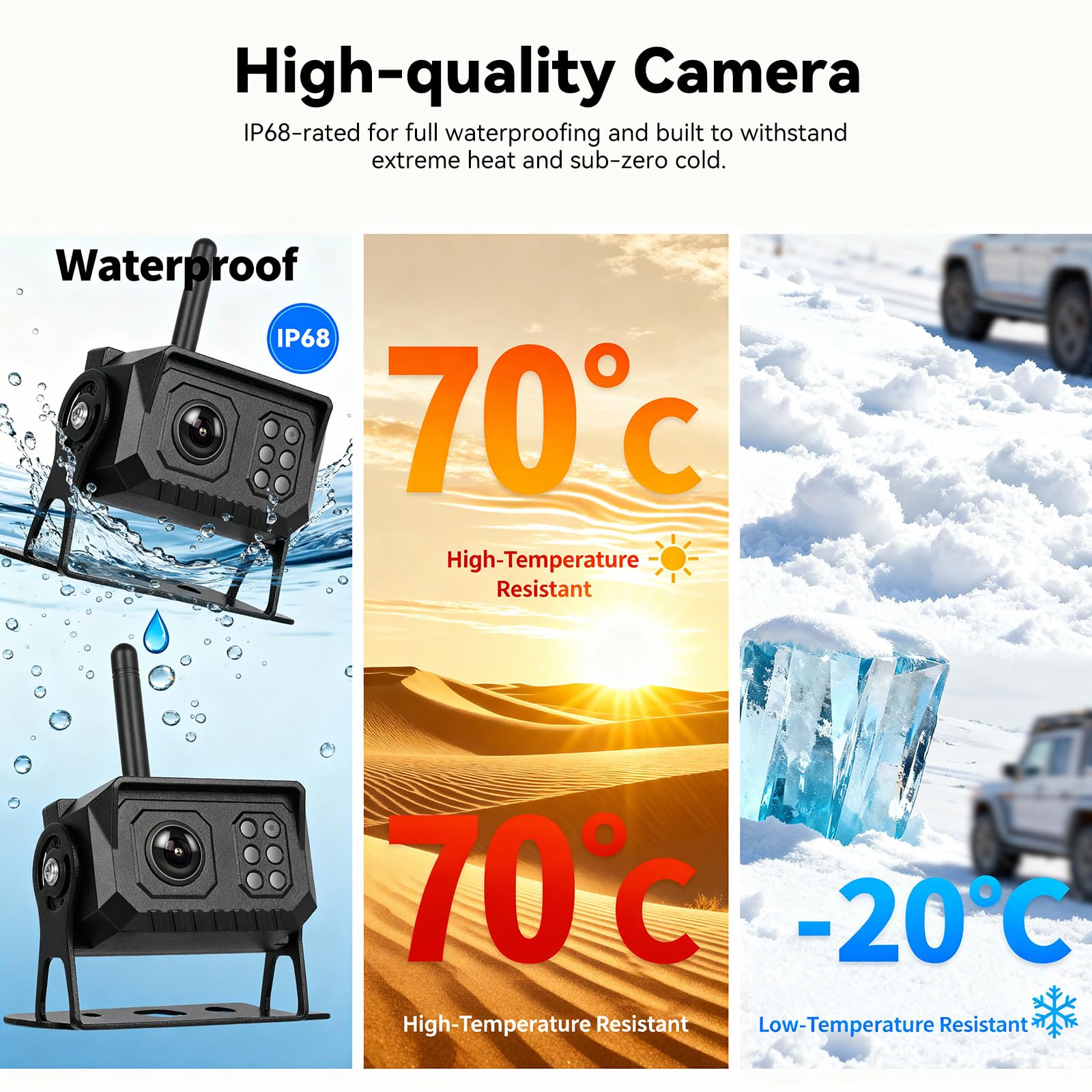 CAMECHO 7'' WIRELESS Telecamera Posteriore con monitor e IP68, Visione Notturna DVR Telecamera Posteriore per auto con Ingrandisci/riduci il filmato, Schermo diviso, BSD, Slot per scheda SD