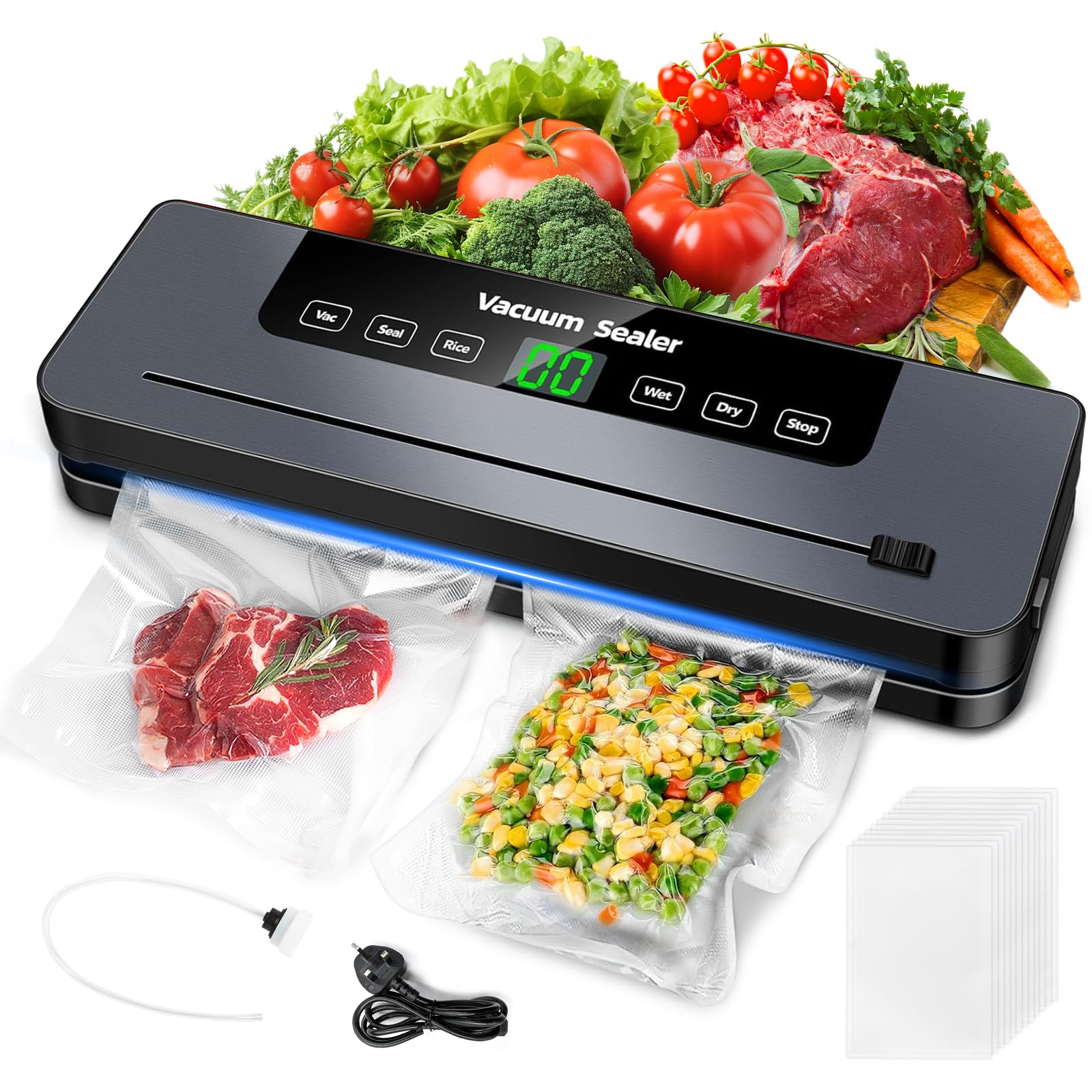 6 en 1 Machine Sous Vide Alimentaire, Machine à emballer sous vide Multifonction avec 50 Sacs Sous Vide, Automatique Secs et Humides Appareil sous vide avec Couteau Coupe, Tuyau D'aspiration D'air