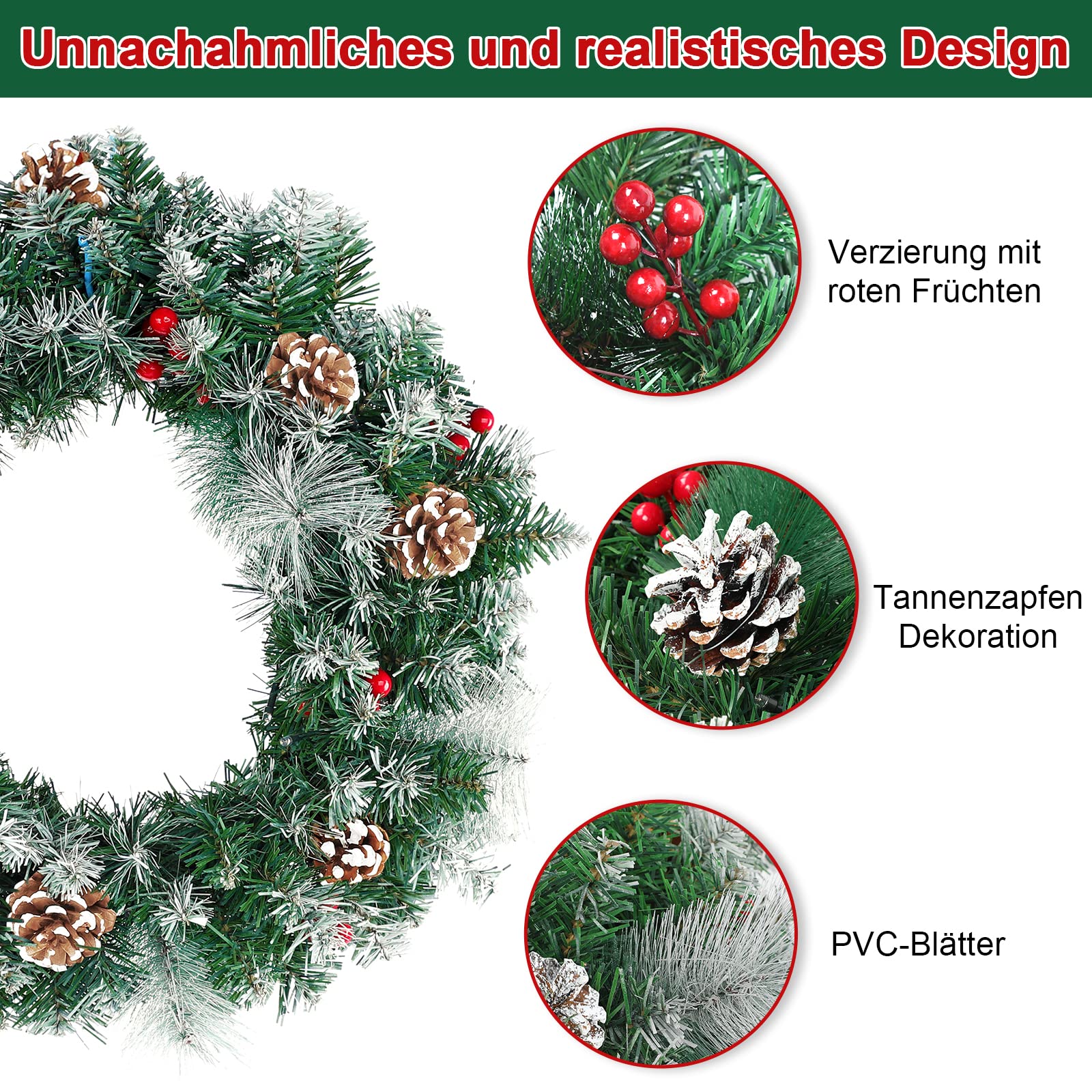 LZQ Tannengirlande 8m, Girlande Weihnachten, Weihnachtsgirlande mit Beleuchtung, Weihnachtsdeko Girlanden mit Roten Beeren und Tannenzapfen, für Innen und Außendekoration von Türen, Wänden und Treppen