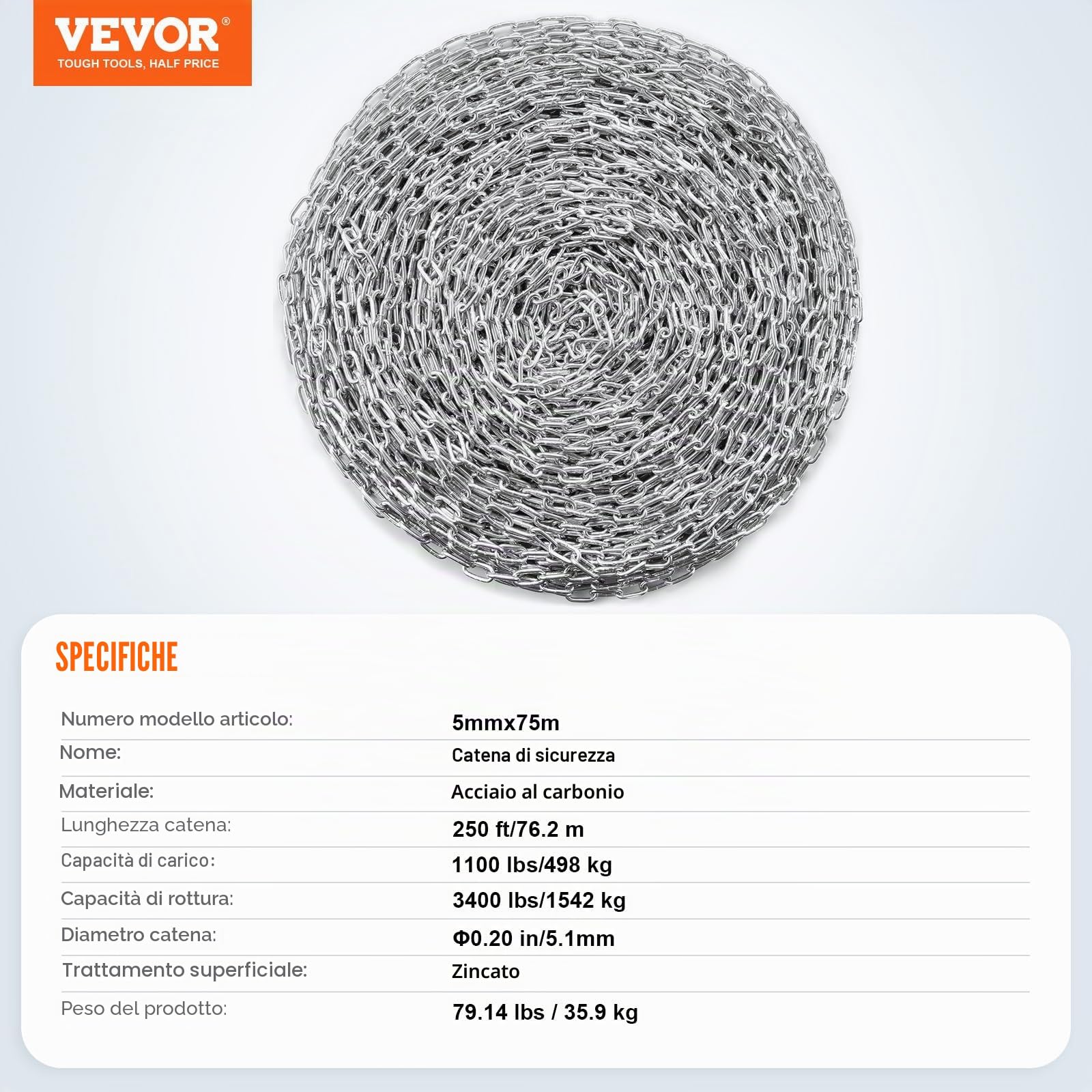 VEVOR Catena a maglie in acciaio al carbonio zincato, 5,1 mm x 76,2 m, Capacità di carico 498kg, Due connettori rapidi, Catena per traino, Sospensione, Campeggio, Catena per Traino Movimentazione