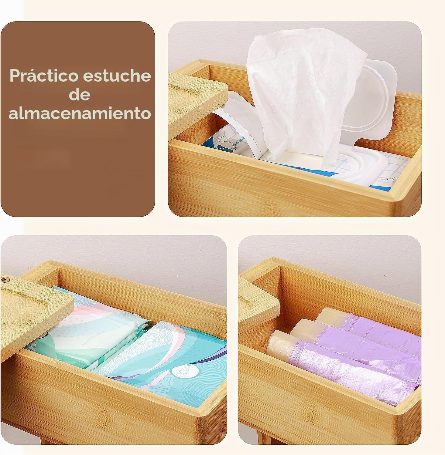 Portarrollos de papel higiénico 4 en 1 con caja de almacenamiento, organizador de papel higiénico de pie de bambú para baño, escritorio temporal