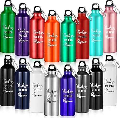 Miniatura 1 de Pinkunn 16 botellas de agua de aluminio con texto en inglés "Thank You" para compañeros de trabajo, inspiradoras, ligeras, deportivas, con tapa
