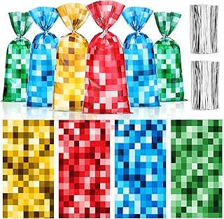 100 Pieces Pixel Mine Party Favors Bags Red Yellow Blue Green Pixel Candy Bags Cellophane Bags for Party Supplies, Goodie Bags Treat Bags with 150 Pcs Silver Twist Ties for Pixel Themed Birthday Party