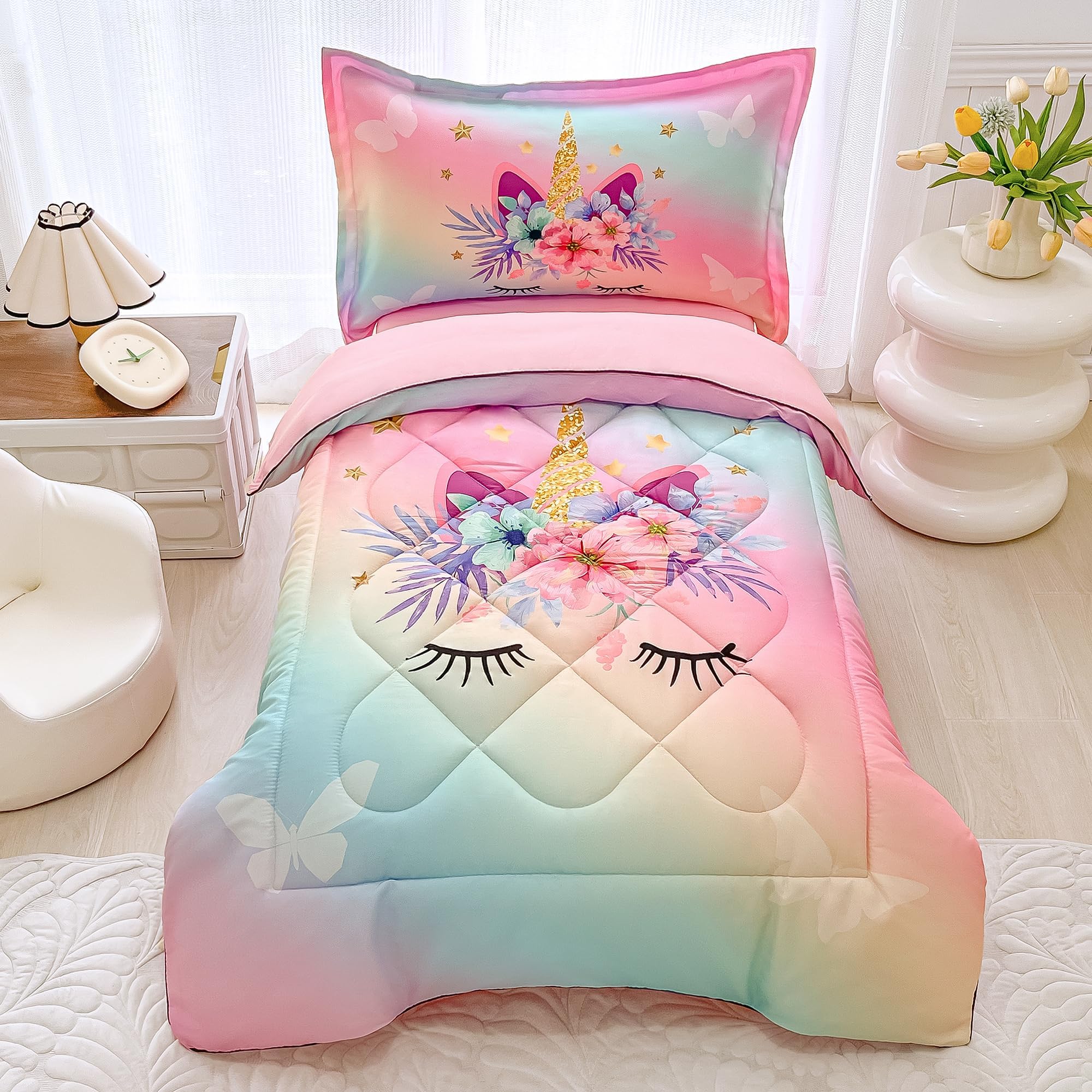 KINBEDY 4 Pieces Rainbow Unicorn Toddler Bedding Set Girls Pink Floral Butterfly Star Crib Sheets Set Cartoon Bed Comforter Set for Baby Kids | Include Comforter, Flat Sheet, Fitted Sheet, Pillowcase