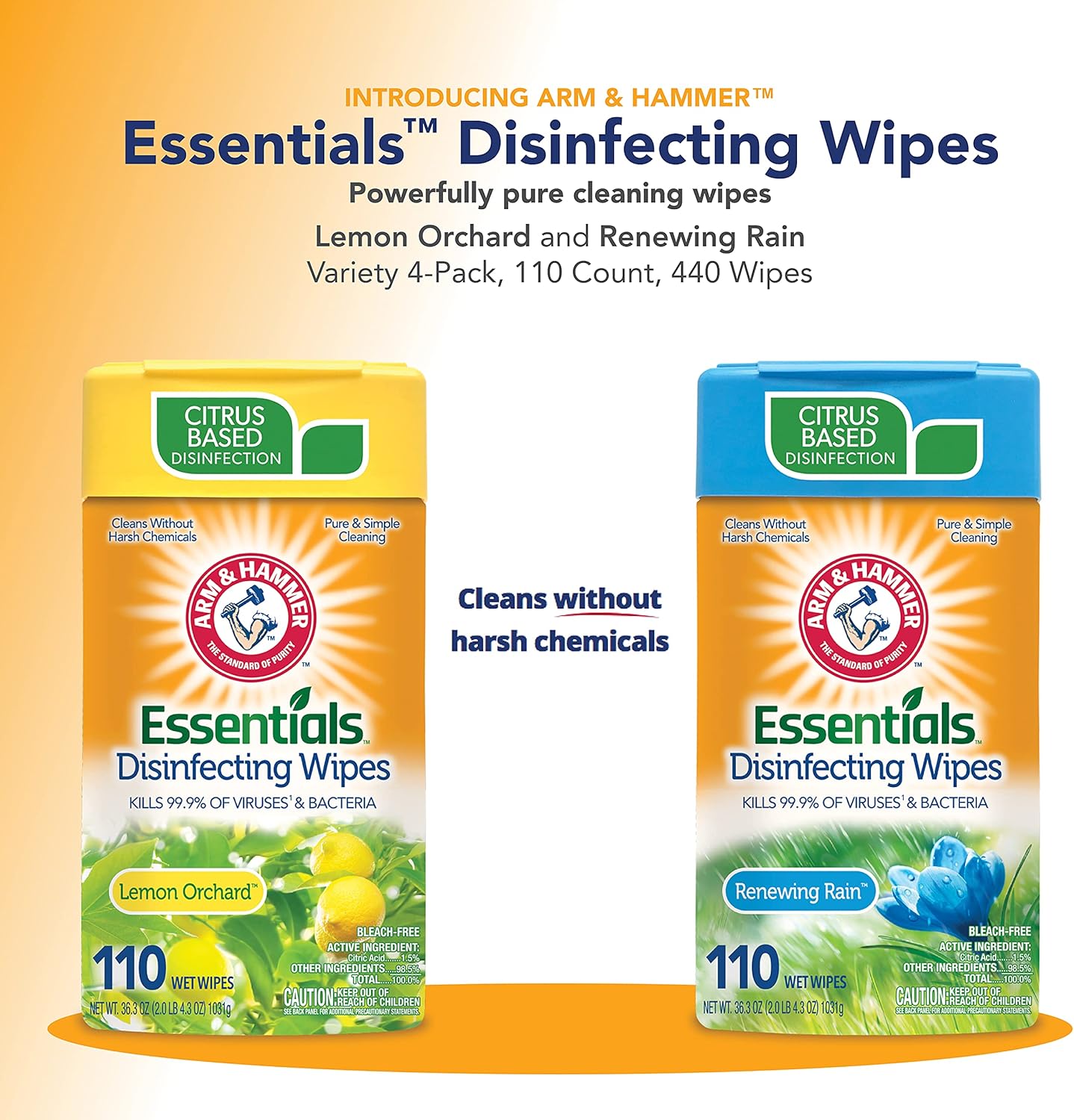 Arm & Hammer Essentials Disinfecting Wipes, Lemon Orchard and Renewing Rain Variety 4-Pack, 110 Count, 440 Wipes, Volcano : Health & Household