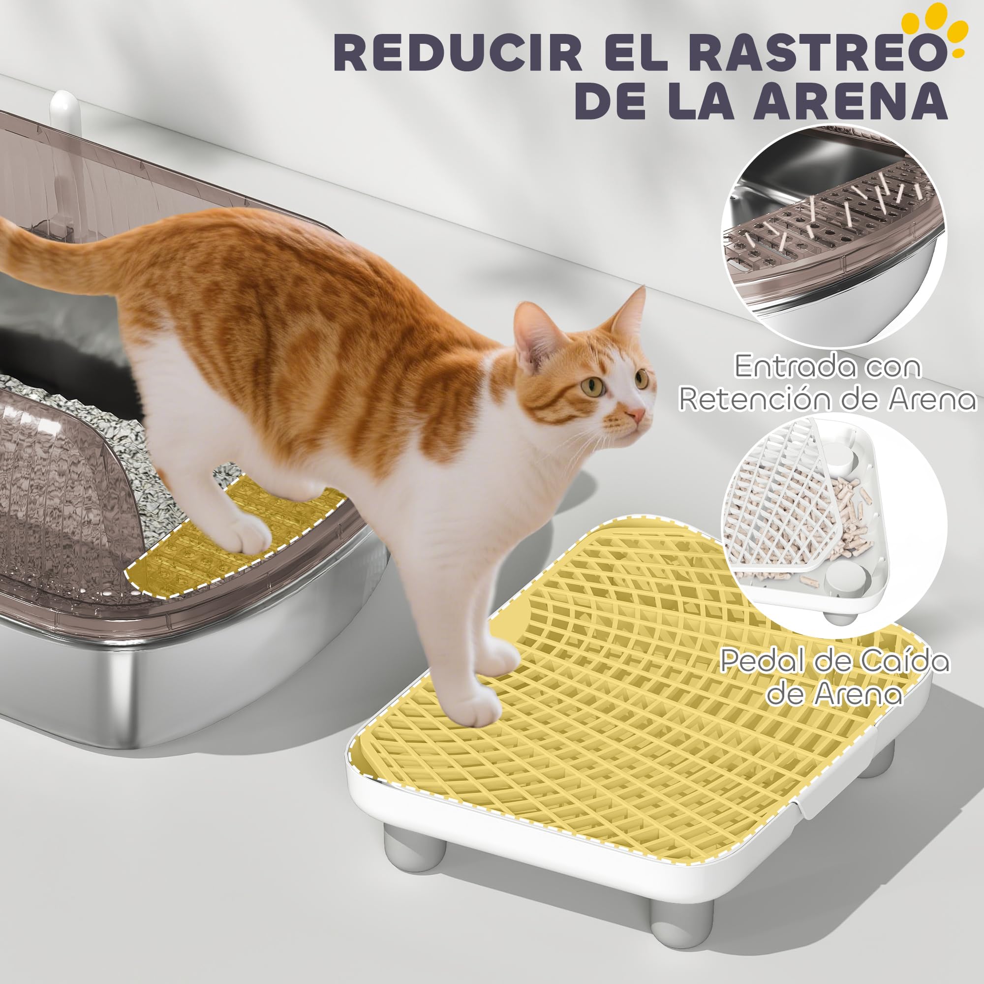 PawHut Arenero para Gatos Cubierto Extragrande Peldaño Pala Gris | Bandeja de Acero Inoxidable, Caja de Arena Cerrado, Bordes Altos, Zona para Caída de Arena, sin Olor, Fácil Limpieza