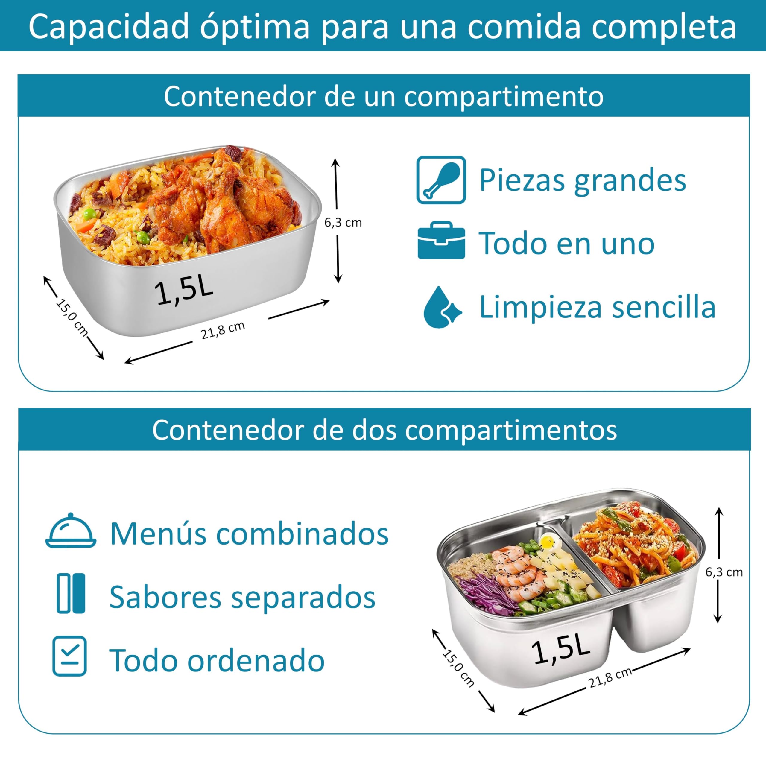Fiambrera eléctrica portátil profesional elegante 80W 12V/24V/220V Multifunción coche camión oficina Calienta comida rápido Taper Contenedor dividido Acero inoxidable 1,5L Negra azul-claro