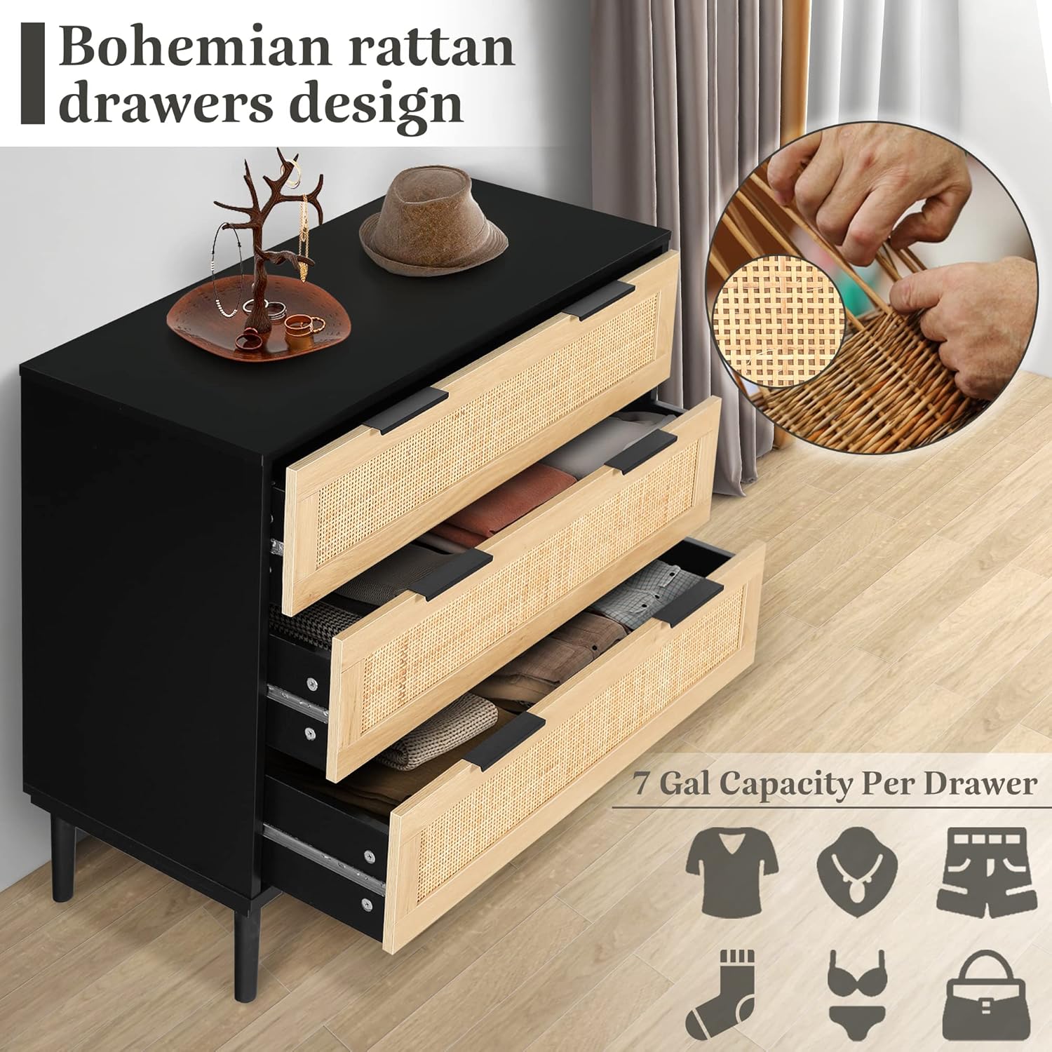 Black and Natural Wood Mid-century Modern Rattan 3-Drawer Dresser