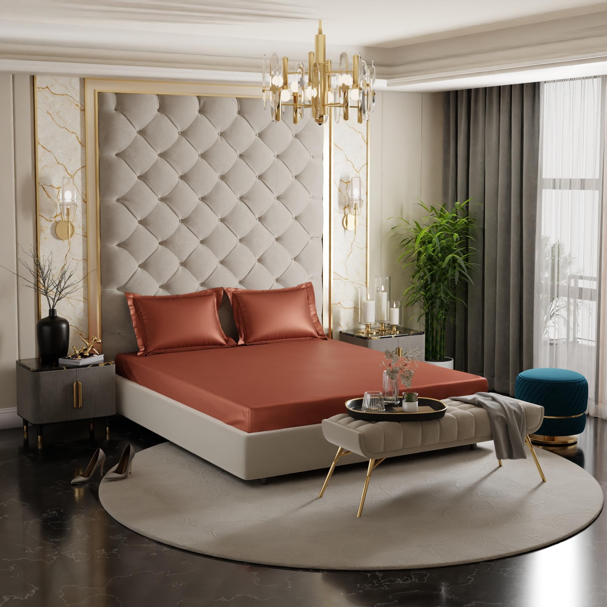 Stoa Paris Elastic Fitted Bedsheets for Double Bed with 2 Pillow Covers, 300 TC UltraSatin Premium Bedding Set, Home Decor, Gifts for Woman, Wedding, Housewarming, Date Night - Melted Caramel