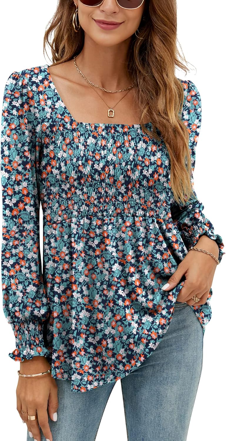 LOMON Blouses for Women Puff Long Sleeve Shirts Square Neck Casual