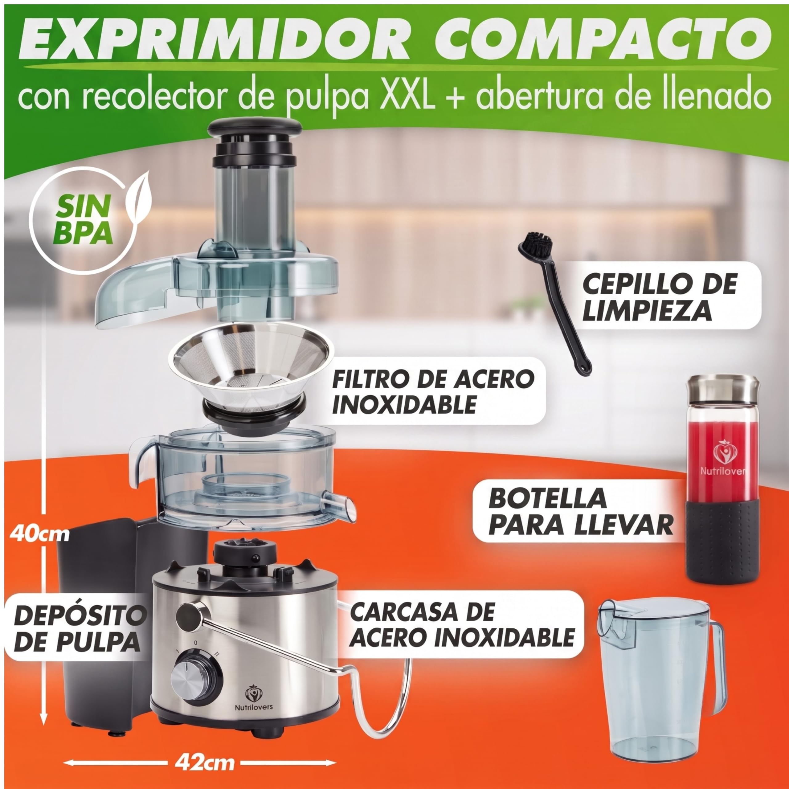 Nutrilovers Extractor de Zumo QUICK-JUICER MAX, Centrífugo 800 W, Boca XXL, Tamiz de Acero Inoxidable, Depósito de Pulpa Externo, Sin BPA, Botella