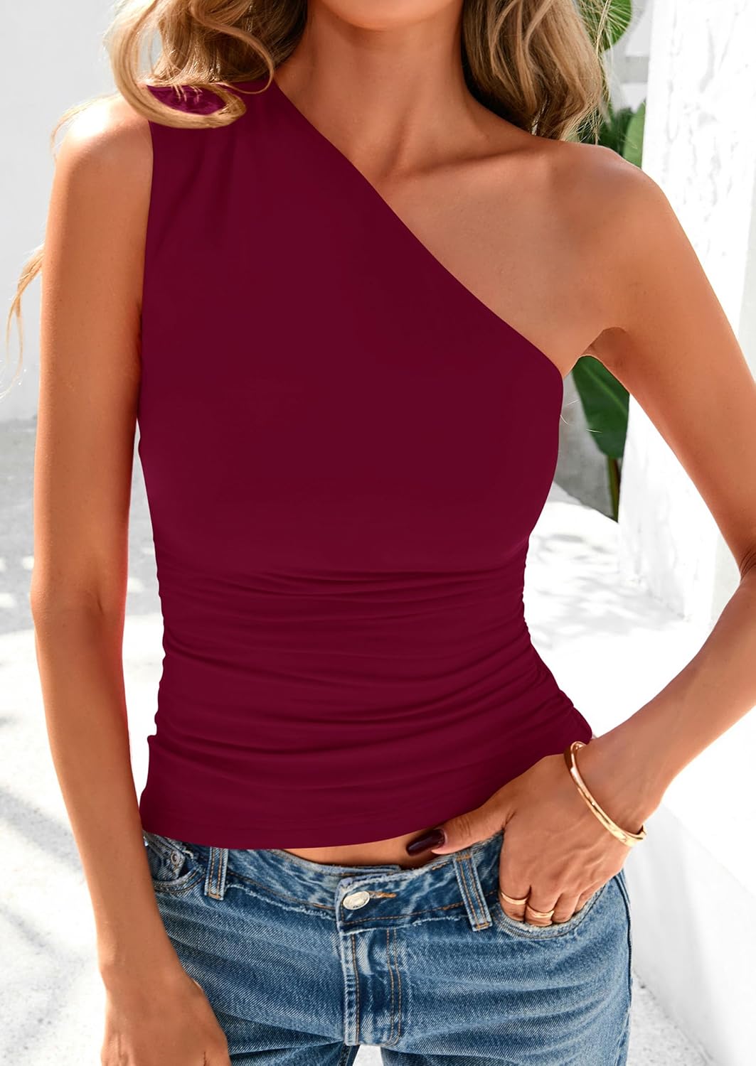 PRETTYGARDEN Womens 2026 Summer Y2K Tops Sleeveless One Shoulder Slim Fit Shirts Ruched Knit Asymmetrical Top Blouse - Image 7