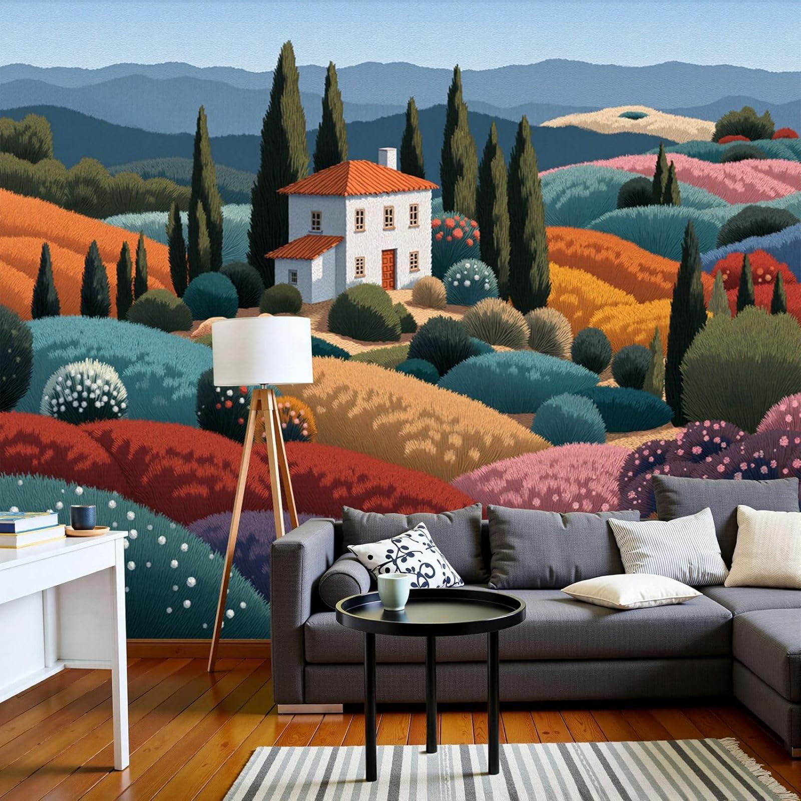 Abstract photo wallpaper, hills, fields, rural landscape, non-woven wallpaper, modern wall, living room, bedroom, orange color, XXL wall decoration, motif wallpaper, 430cm x 300cm, stickers - frameles