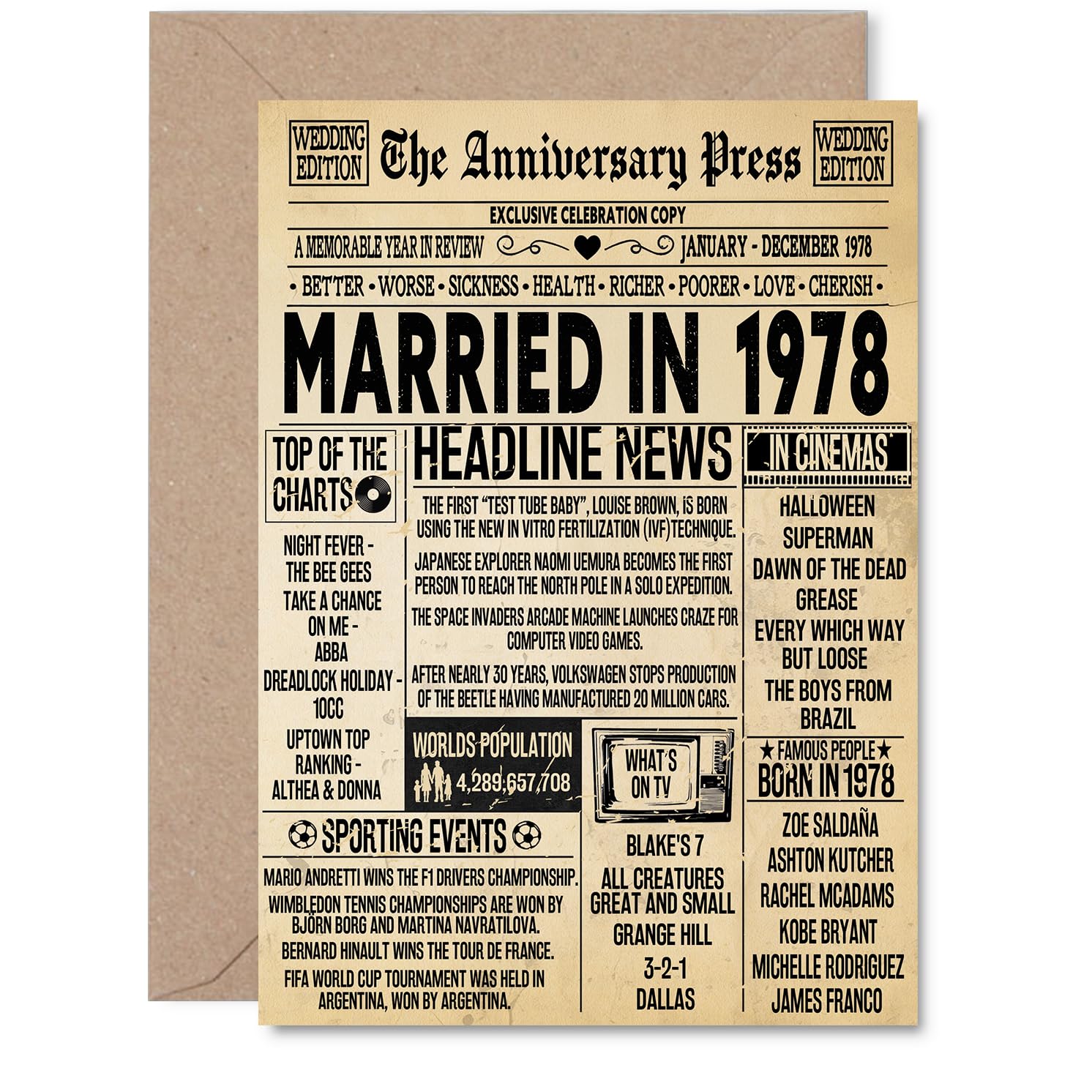 48th Anniversary Card for Men Women - Vintage Newspaper Married in 1978-48 Year Wedding Anniversary Card for Wife Companion Husband Partner, A5 Anniversaries Greeting Cards
