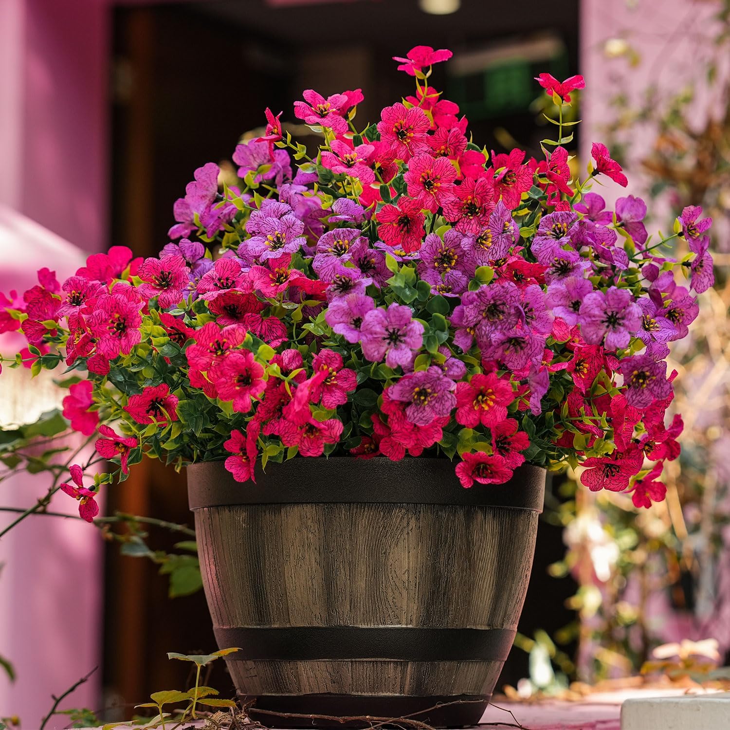 Artificial Faux Outdoor Indoor Plants Flowers for Spring Summer Decoration, 12 Bundles Fake Silk Daisy Eucalyptus Realistic UV Resistant for Outside Planter Pot Window Porch .(Purple and pink) - Image 2