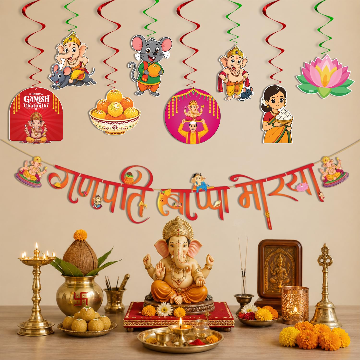 Party Propz Ganapati Decoration Items For Home - 9 Pcs Ganpati Bappa Morya Banner With Hanging Swirls, Ganesh Chaturthi Decoration, Ganesh Puja Wall Hanging, Ganpati Banner & Cutouts (cardstock)-image-30