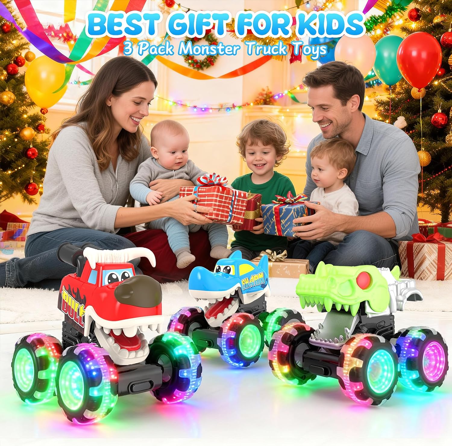 Monster Truck Toys, 3 Pack Light Up Cars for Toddlers, Baby Animal Toy Trucks Dino Cars with LED Lightning Wheels, Press & Go Car with Moving Mouth for Kids Boys Girls Christmas Birthday Gifts