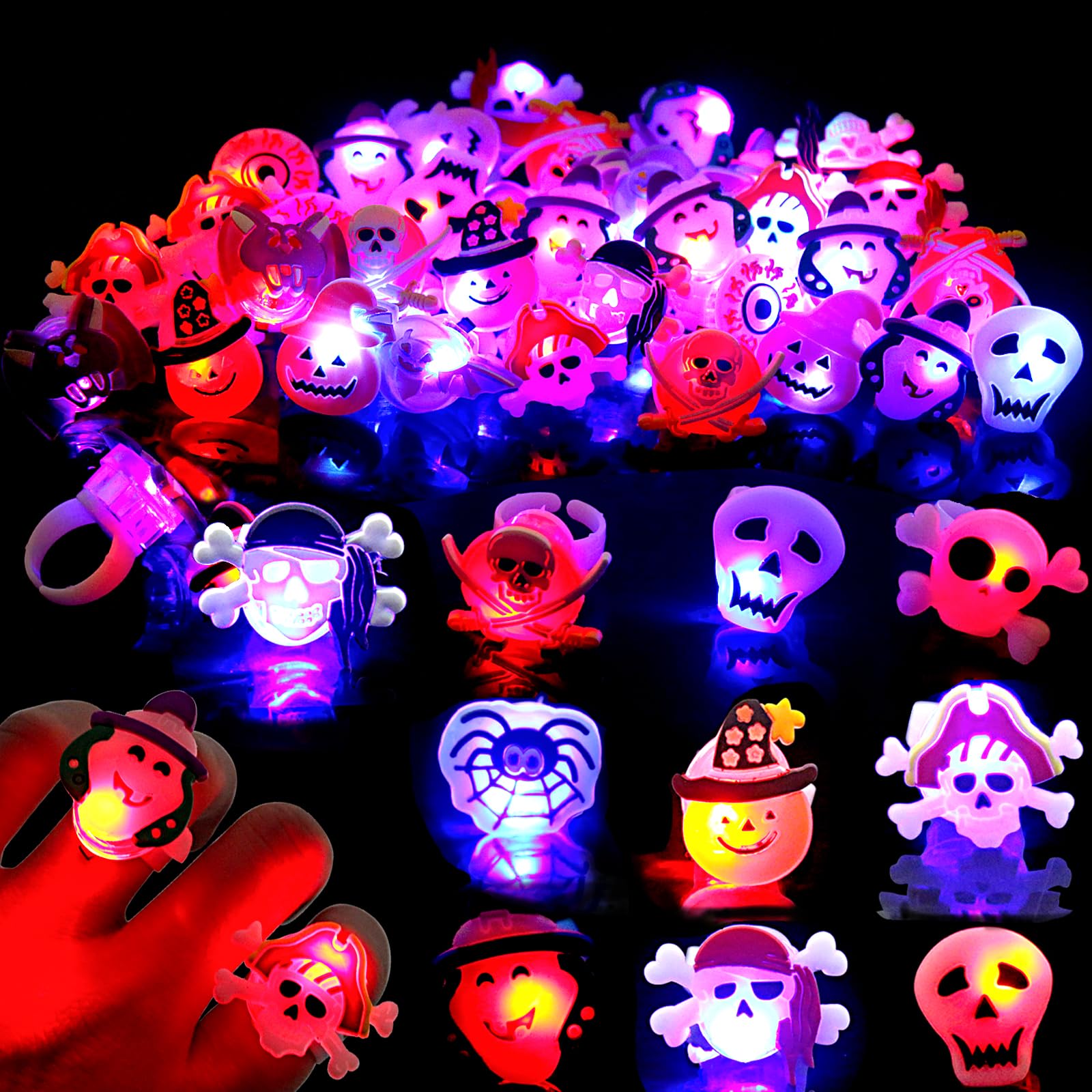 Halloween LED Rings for Kids, 50Pcs Light Up Ring Toys Halloween Party Favors Flash Finge…