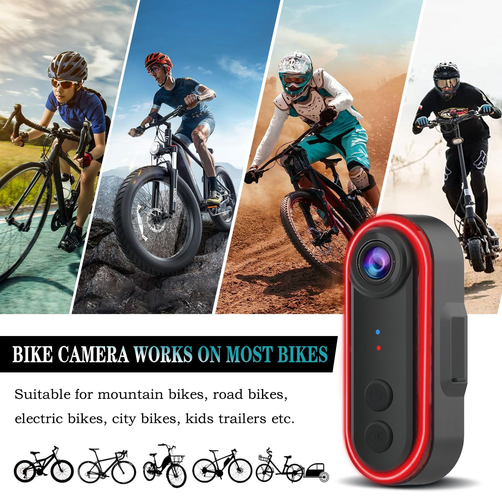 Caméra Vélo Arrière Avec Feu LED Intelligent – 1080P, Grand Angle 150°, 6 Modes Lumière, Rechargeable, Étanche IPX6