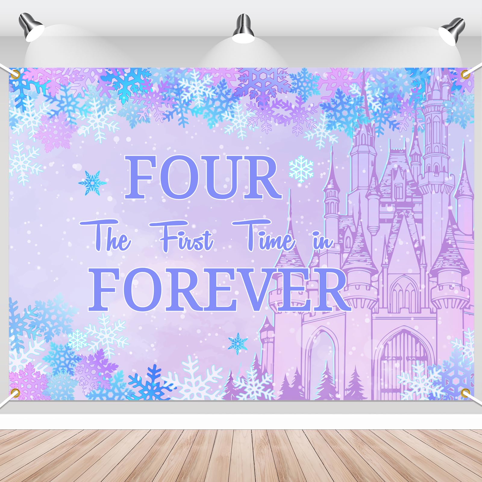 Photo 1 of Four The First Time in Forever Birthday Decorations Winter Princess 4th Birthday Backdrop Frozen Birthday Decorations Princess Castle Party Decor for Baby Girls (7x5ft)