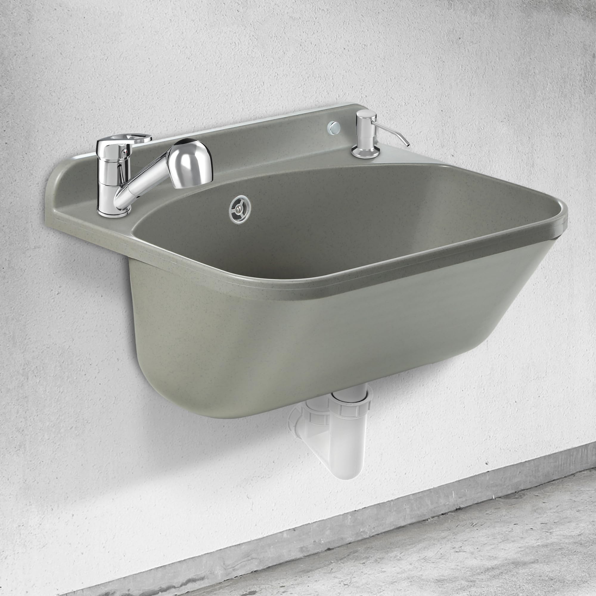 GOSPO Ausgussbecken mit ausziehbarer Armatur, Seifenspender, Siphon, Waschbecken 46 x 36 x 20 cm, für Garage, Keller, Waschtrog, Wandmontage, in Platte, Spülbecken inkl. Zubehör (grau)