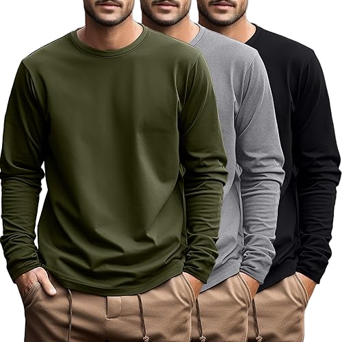 Ficerd 3 Pack Men's Big and Tall Shirts Long Sleeve Cotton Tee Crew Neck Oversize Tops Casual Loose Fit Knitted T Shirts