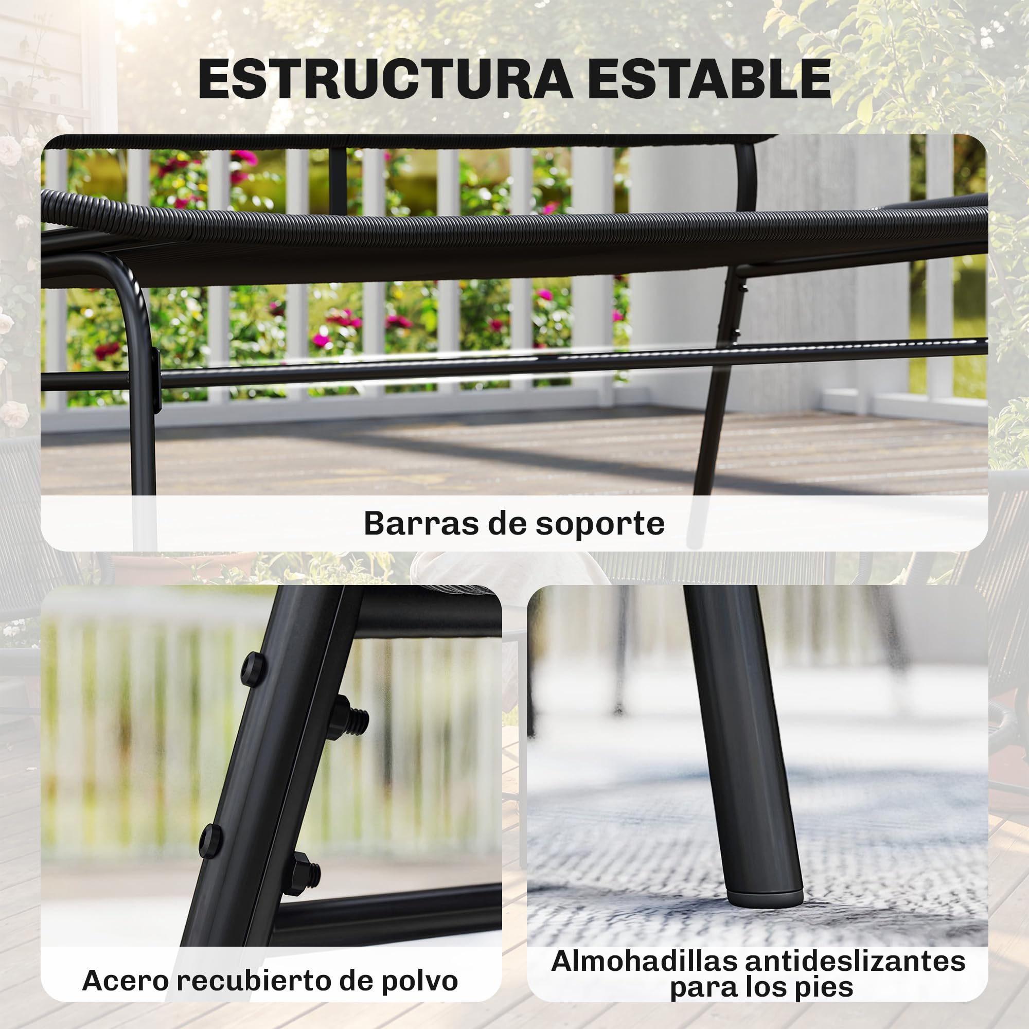 Outsunny Banco Exterior de Ratán de 2 Plazas de Jardín Ratán PE Negro | Respaldo Tejido Ratán PE, Estructura de Acero, Carga 240 kg, para Balcón Porche Patio