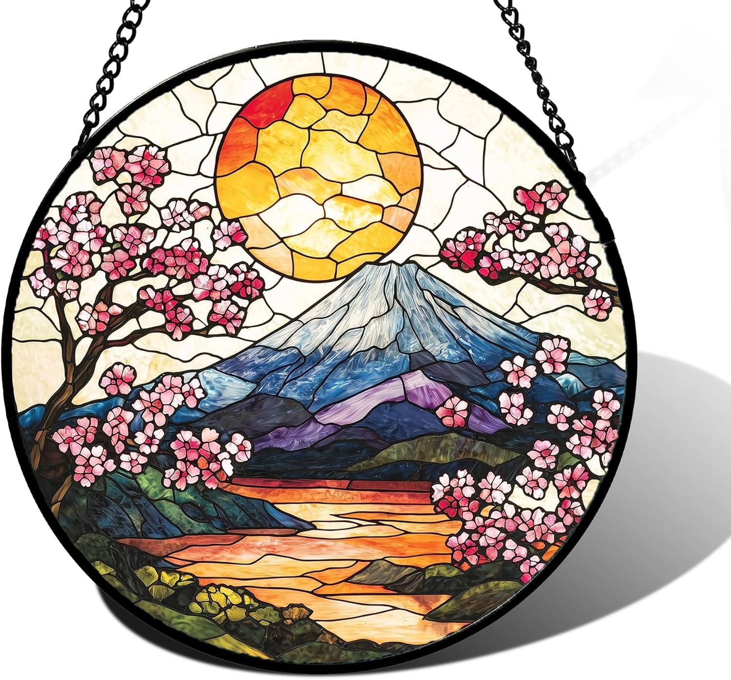 Mount Fuji Cherry Blossom Stained Glass Window Hanging Suncatcher Gift 15"