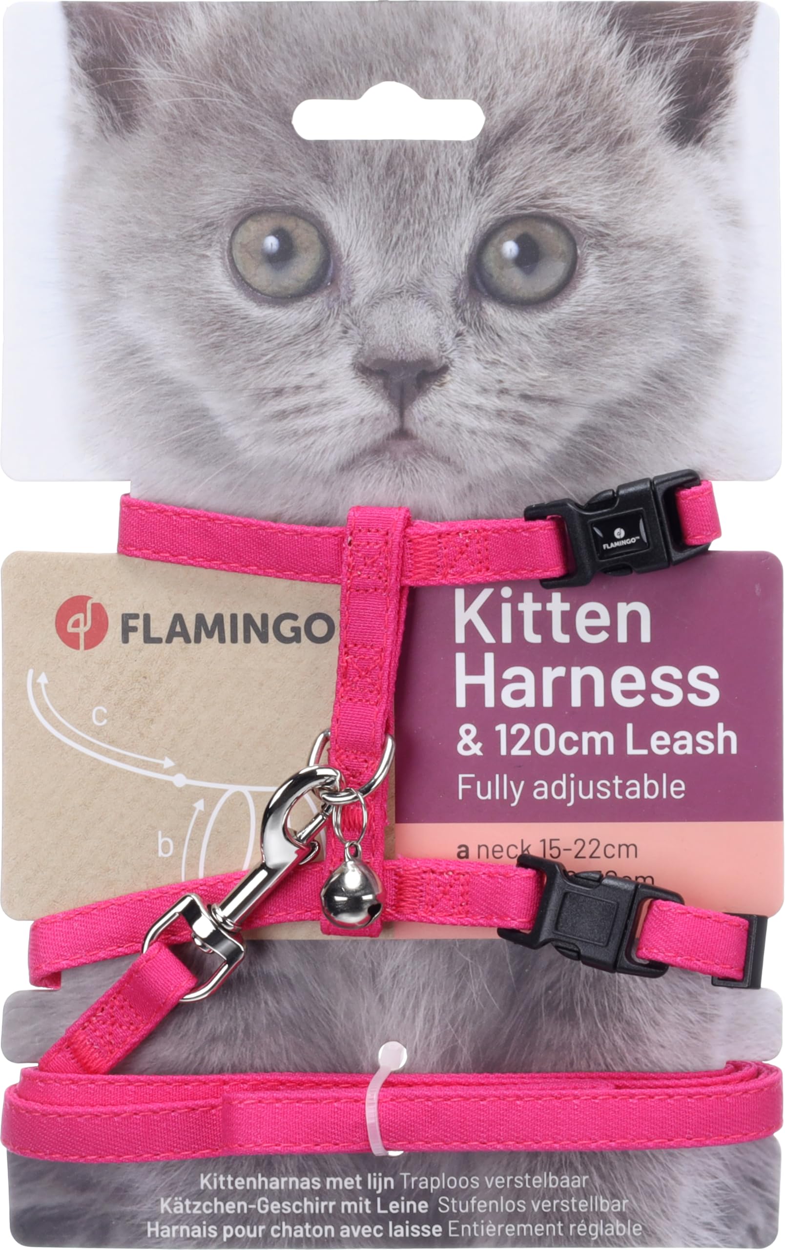 Imbracatura con Guinzaglio Flamingo Lomi – Fuchsia | Per Gattini (Kitten) | A: 15-22 cm, B: 20-30 cm, C: 120 cm x 10 mm x 2 mm – Morbida, Sicura, Regolabile e Leggera