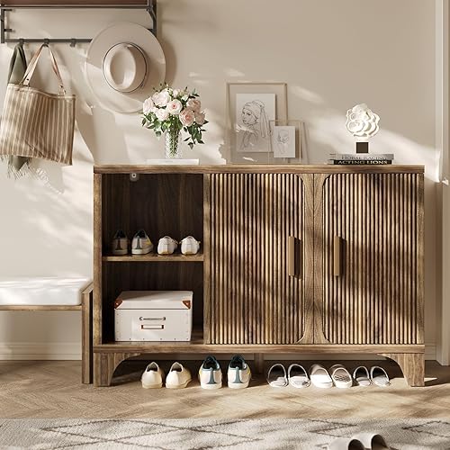 Miniatura 8 de Mueble de buffet moderno de mediados de siglo con almacenamiento, aparador decorativo y credenza con puertas estriadas, consola de barra de café de