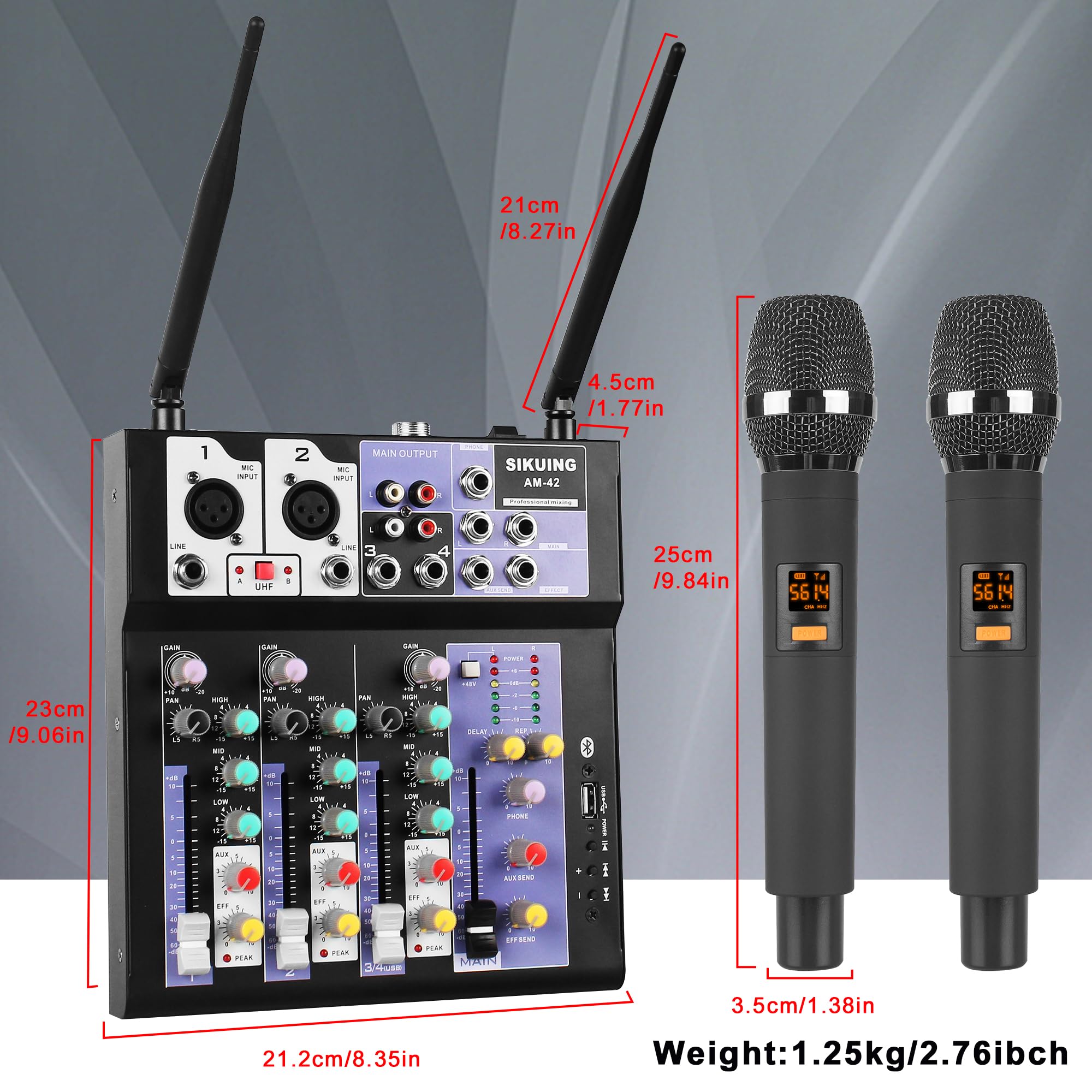 Audio-Mixer mit 2 drahtlosen Mikrofonen,4-Kanal professionelles DJ-Mischpult Soundboard mit Bluetooth/USB,48V Phantomspeisung,kompatibel mit Computer,Karaoke,Party,Meeting,Studio Aufnahme