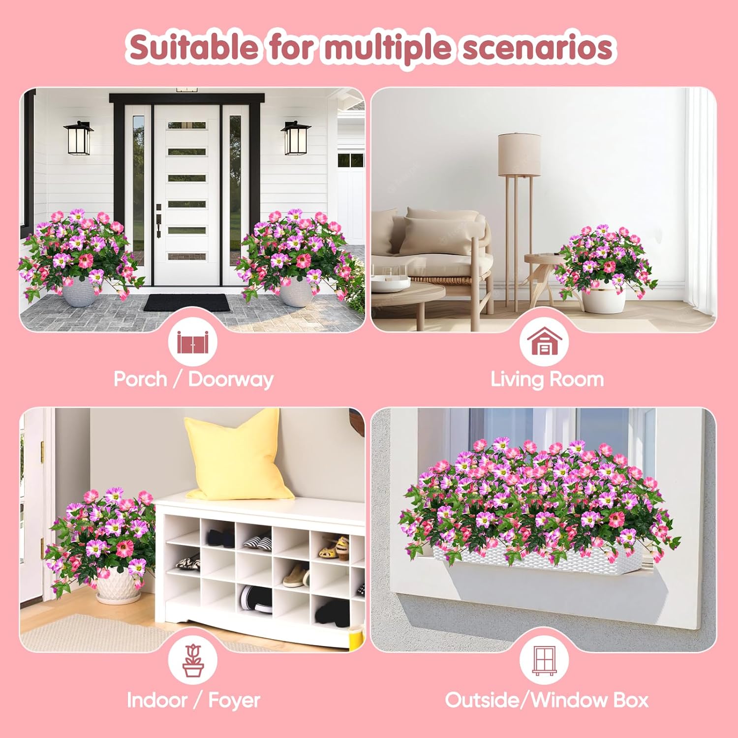 Artificial Flowers for Outdoors with 120 Blooms, Faux Silk Flowers for Outside, UV Resistant Fake Petunias Plants for Hanging Baskets Fence Patio Balcony Garden Cemetery (Purple Red 4 Packs New)