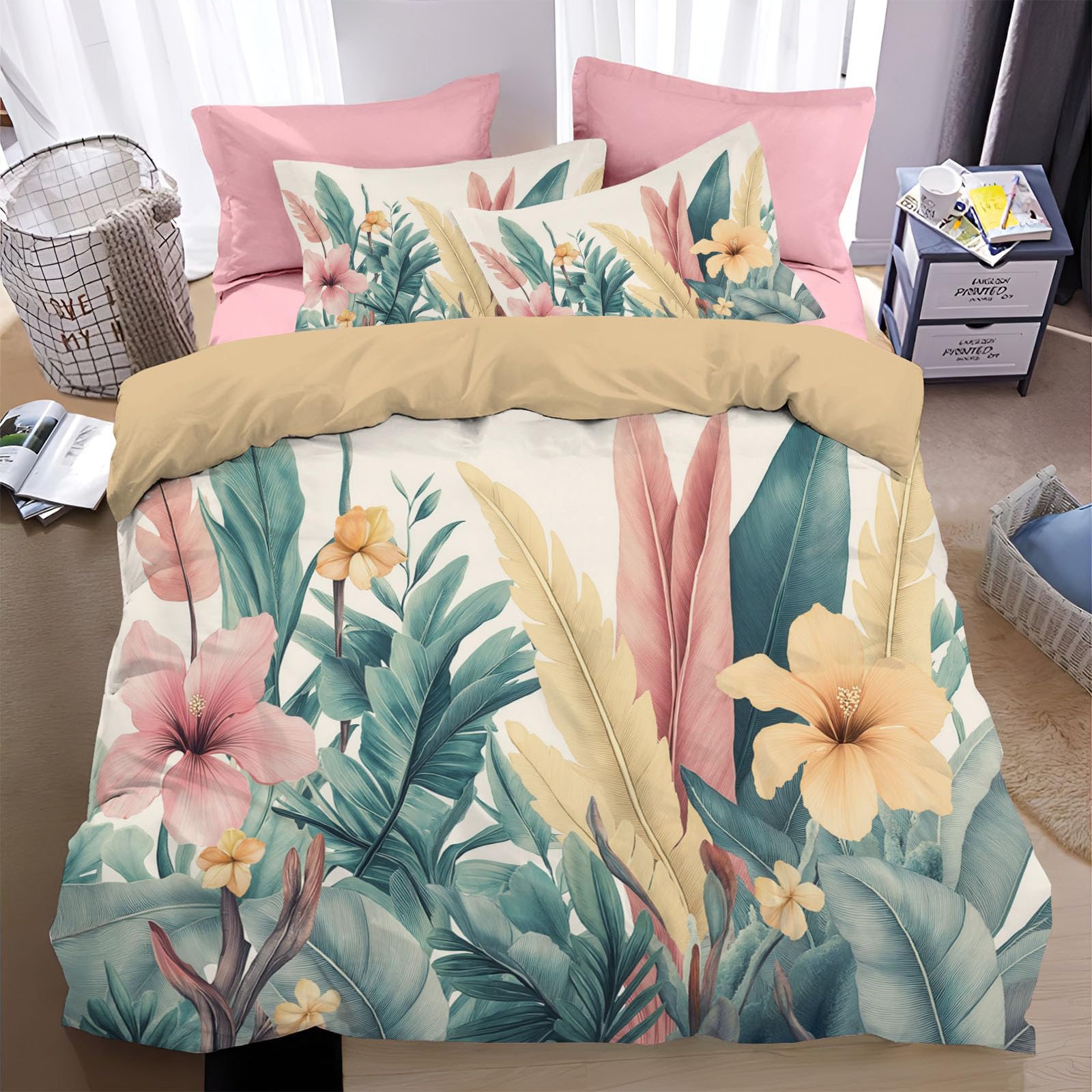 Housse de couette 140x200cm motif plantes tropicales pour lit 1 personne