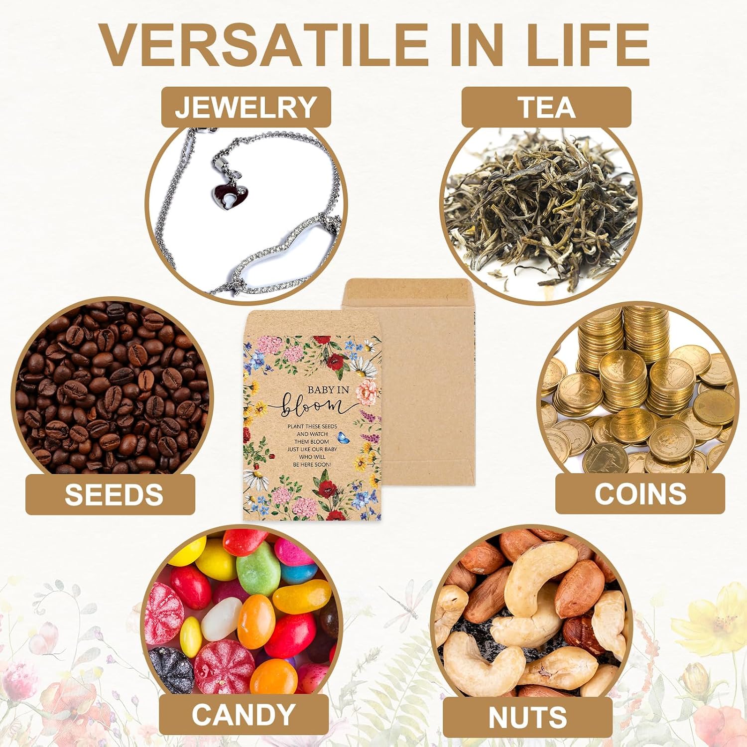 JarThenaAMCS 50Pcs Spring Wildflower Baby Shower Seed Packets 5 Designs Self Adhesive Kraft Envelopes Vintage Floral Butterfly Baby in Bloom Seed Storage Pockets for Gender Reveal Birthday