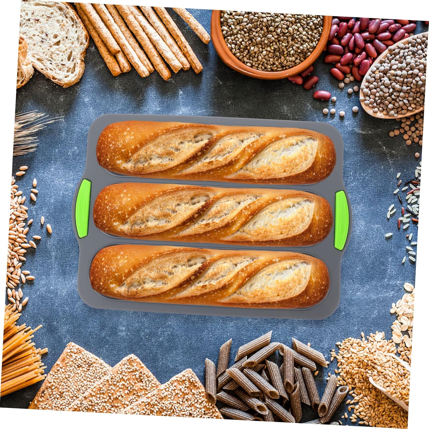 OUNONA Silicone French Bread Baking Pan Nonstick 3-Cavity Loaf Mold for Artisan Baguettes and Pastries Kitchen Baking Tool