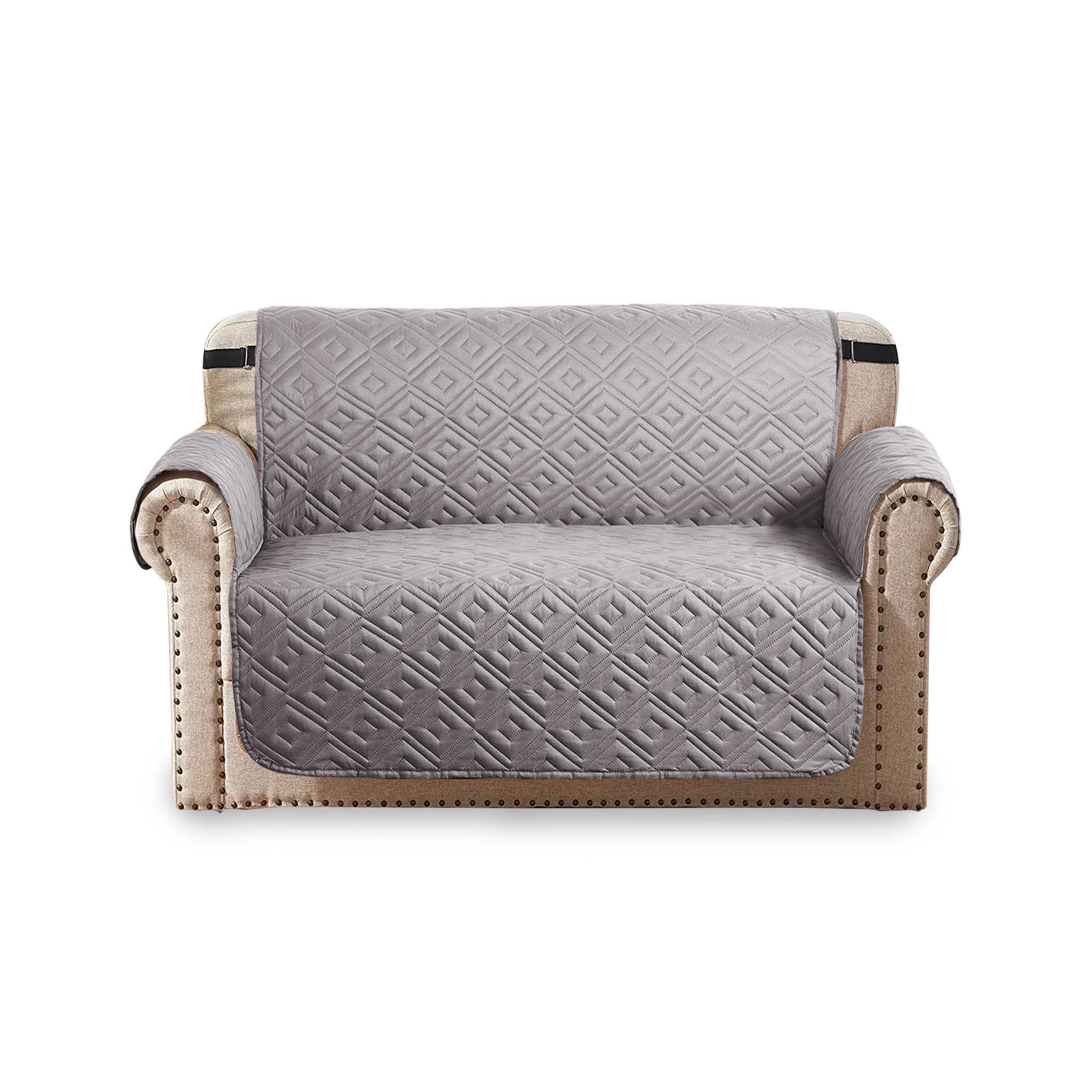 Oxford Homeware Sofa Slipcovers 2 Seater Embossed Water Proof with Adjustable Elastic Straps Quilted Reversible Sofa Cover for Pets & Kids (Light Grey - Dark Grey, 227cm x 179cm)