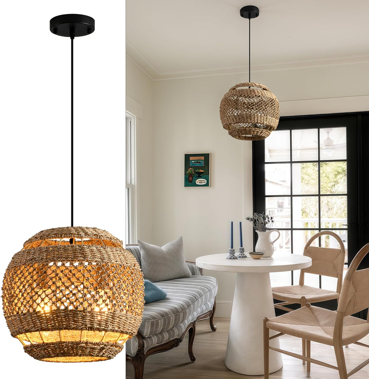 Boho Rattan Pendant Lights Over Island Round Rattan Chandelier Brown Wicker Light Fixture for Dining Room 13.8in Woven Hanging Ceiling Lighting for Bedroom Restaurant Entry Bar Foyer Porch D13.8in/35cm H020