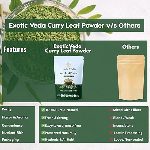 Miniatura 6 de Exotic Veda Polvo orgánico de hoja de curry - Kadi Patta, nutrientes ricos, usos culinarios para la salud y el bienestar