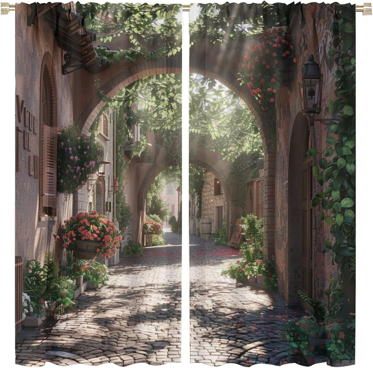Mediterranean Village Blackout Curtains for Bedroom Living Room, Rod Pocket Floral Leaf Path Arch Curtains Thermal Insulated Window Drapes 2 Panels, Each 42W x 84L