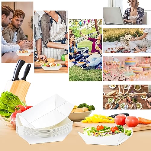 Miniatura 5 de MotBach Paquete de 150 botes de papel para alimentos, bandejas desechables de papel kraft de 1 libra, botes de papel para llevar, bandejas de servir